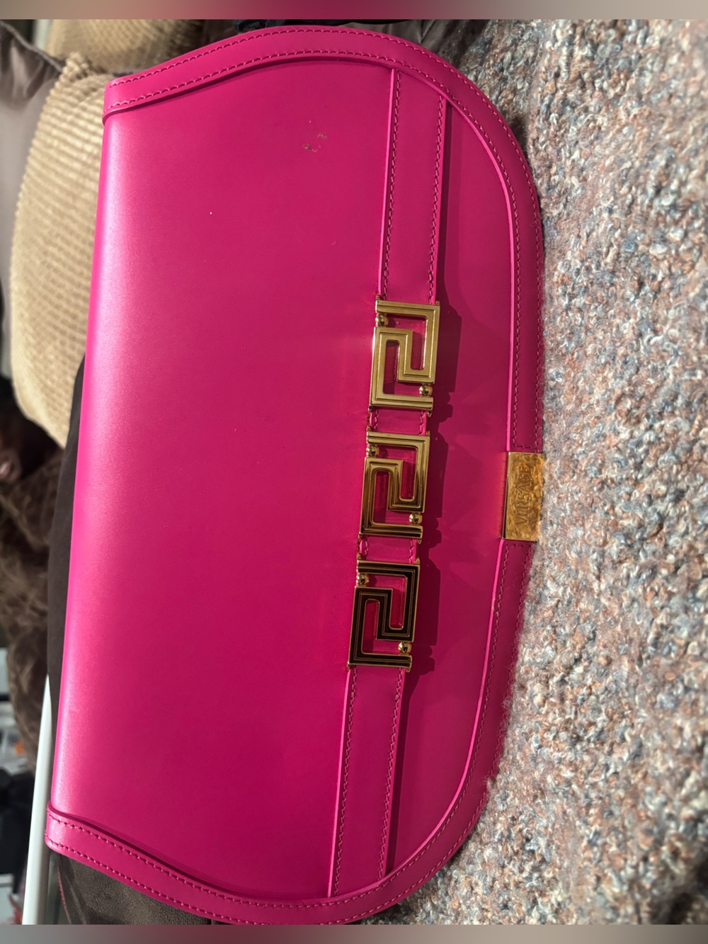 Versace Fuchsia Leather Shoulder Bag with Gold Greek Key Detail
